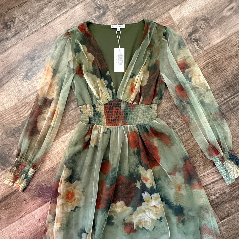 Baltic Born Layla Tulle Maxi Dress Women M Olive Rust NWT Floral Smocked V-Neck - Picture 13 of 15